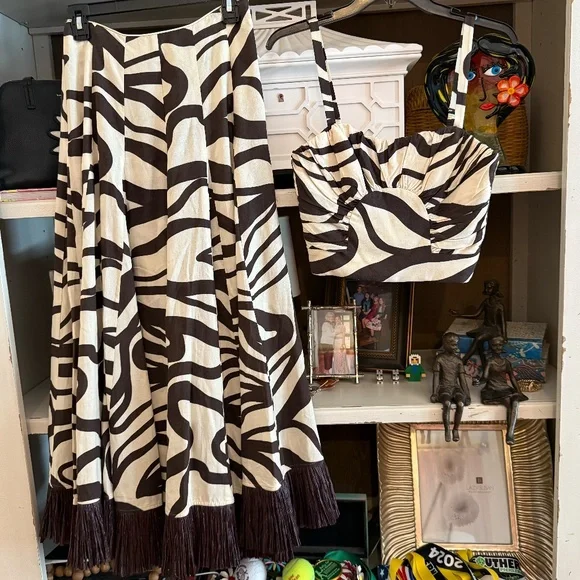 ANTONIO MELANI Style Somers Swirl Print Linen Blend Straw Trim Two Piece sz 0 - Picture 2 of 7